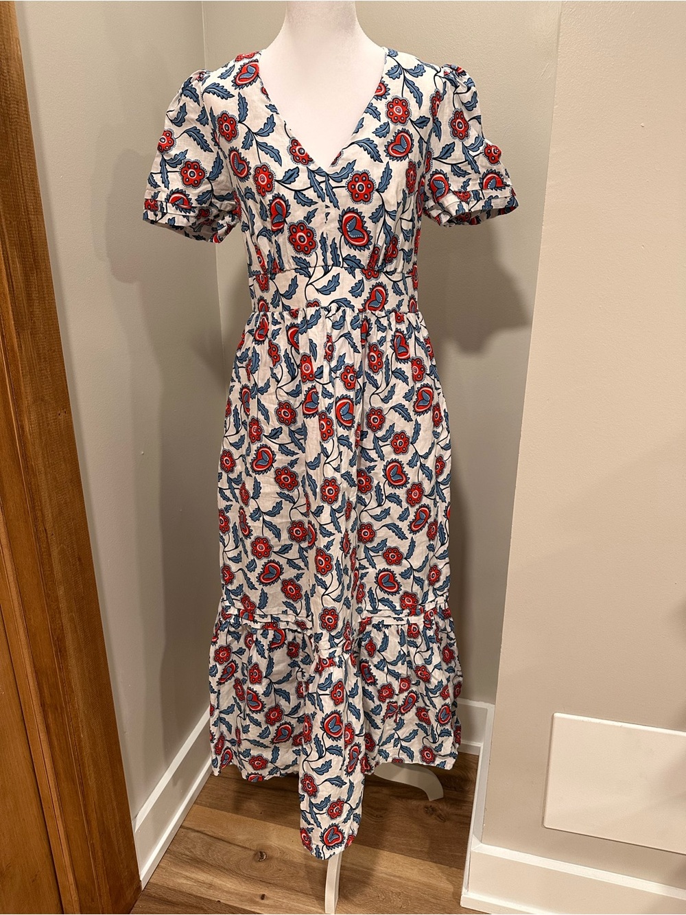 Boden White 100% Linen Midi Dress with Red and Blue Floral Print